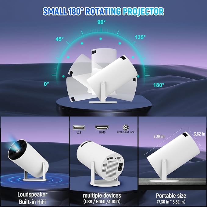 Videoprojecteur avec Android 11 Mini Projecteur WiFi 6 Bluetooth Retroprojecteur 4k 120 ANSI Lumens Projecteur Video Compatible Telephone/TV/HDMI/USB Rotatif à 180° – Image 3