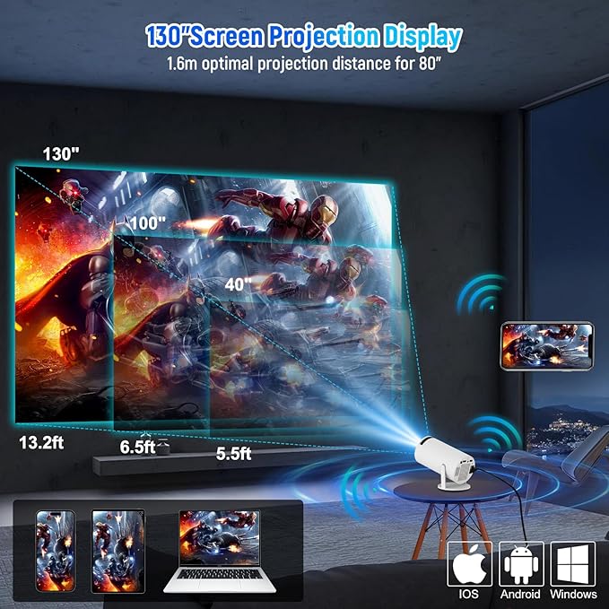 Videoprojecteur avec Android 11 Mini Projecteur WiFi 6 Bluetooth Retroprojecteur 4k 120 ANSI Lumens Projecteur Video Compatible Telephone/TV/HDMI/USB Rotatif à 180° – Image 5
